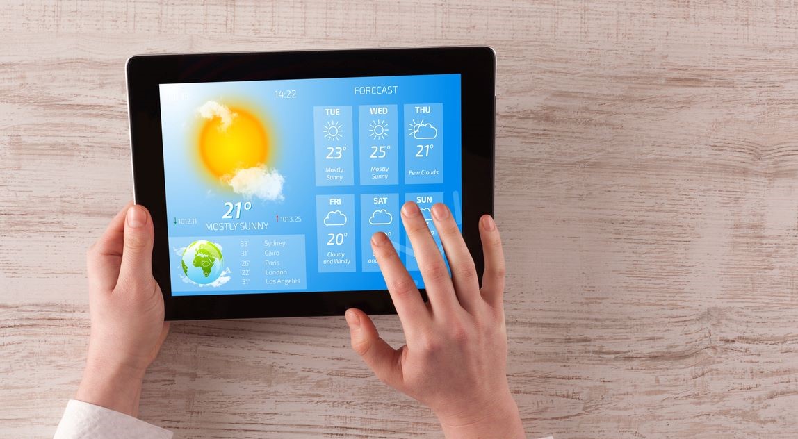 Der Wetterbericht wird auf einem Tablet angezeigt.